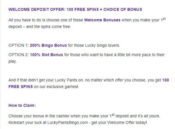 Lucky pants bingo bonus codes